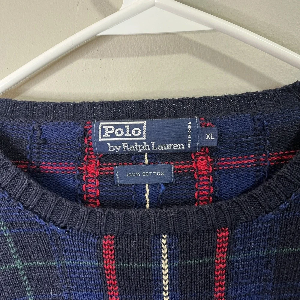 Polo Ralph Lauren Blue Plaid Knit Ski Sweater Men Size XL